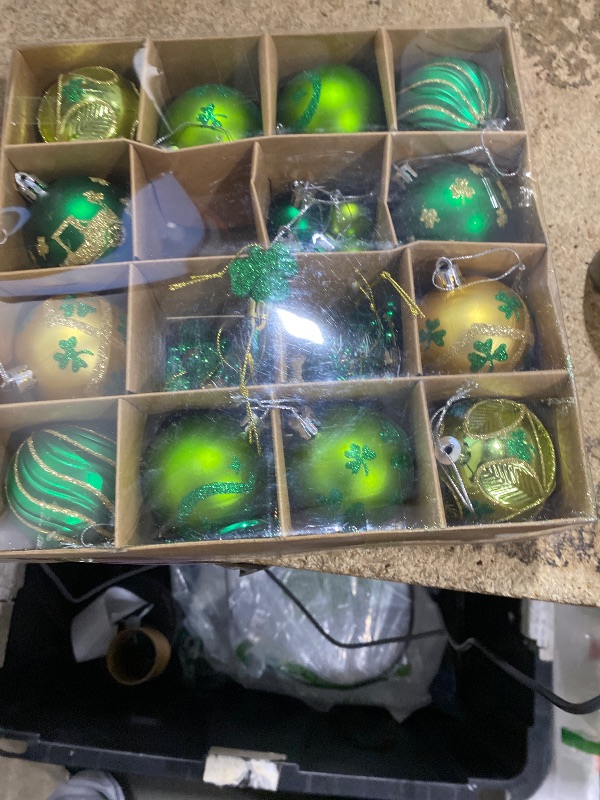 Photo 1 of **MISSING PIECES** Besslly 36Pcs Hanging Ball Ornaments St Patricks Day Decorations, Shamrock Tree Ornaments Irish Festival Good Luck Clover Green Gold Ball for Party Home Spring Shelf Shamrock Decorations