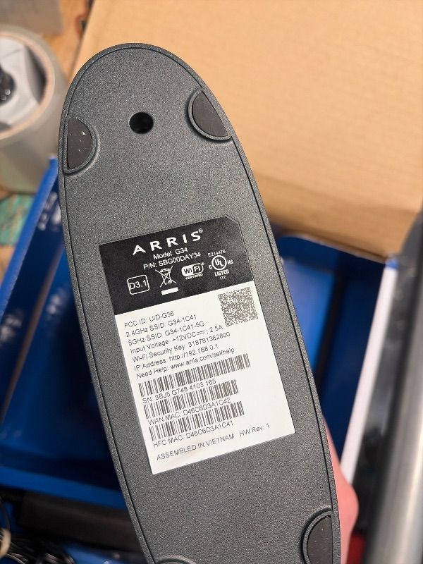 Photo 1 of ***FOR PARTS ONLY***
ARRIS (G34) - Cable Modem Router Combo - Fast DOCSIS 3.1 Gigabit WiFi 6 (AX3000), Approved for Comcast Xfinity, Cox, Spectrum & More, 1 Gbps Max Internet Speeds