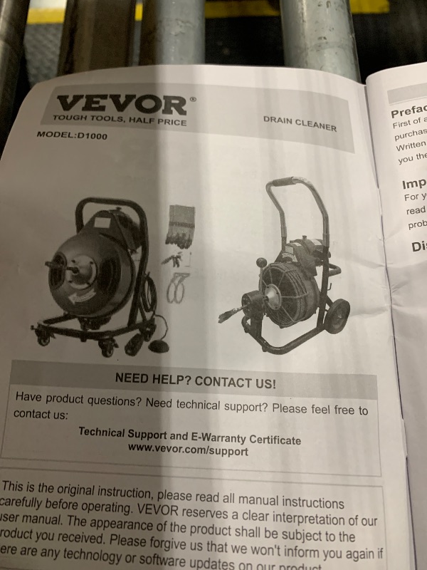 Photo 1 of *USED*
VEVOR Drain Cleaner Machine 75FT x 1/2 Inch, Sewer Snake Auger Manual Feed, 370W Electric Drain Cleaning Machine with 4 Cutters & Air-activated Foot Switch for 2" to 4" Pipes