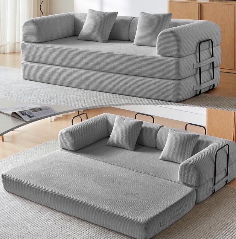 Photo 1 of ** SIMILAR IMAGE UNKNOWN MEASUREMENTS OR MODEL**Convertible Sleeper Sofa Bed, Sleeper Sofa with Pillow | Corduroy Fabric | High-Density Sponge | Fixed-Shape Frame, Modular Sofa Bed for Living Room Lounge Studio (Light Grey)