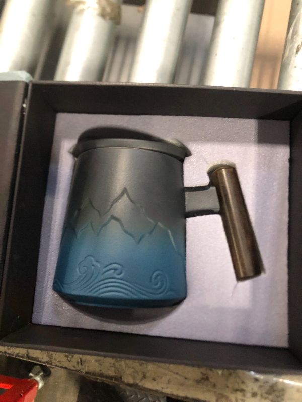 Photo 1 of ******MISSING LID****RENEWREVITAL Tea Cup with Infuser, 13.5oz Ceramic Tea Infuser Mug with Wood Handle and Cup Lid, Tea Strainer Cup for Loose Leaf Steeping, Blue&Black
