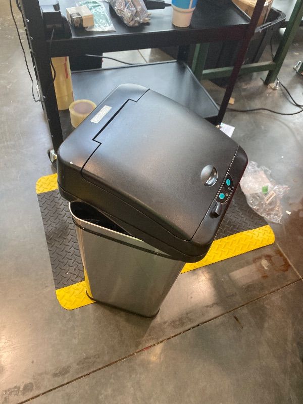 Photo 1 of **MISSING PARTS**
NO ADAPTER
 50 Liter / 13 Gallon Kitchen Trash Can with AC Adapter, Lid & Odor Filter – Motion Sensor Stainless Steel Garbage Bin for Home, Office, or Garage – Slim, Large Capacity Design
