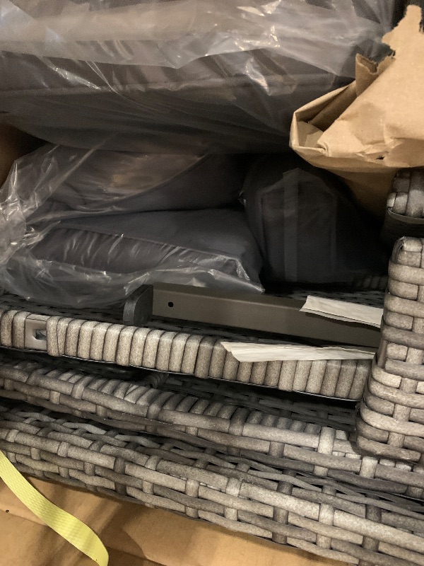 Photo 1 of **1 BOX, UNKNOWN MISSING PIECES**Wisteria Lane 4 Piece Patio Furniture Set, Wicker Outdoor Patio Conversation Furniture Set, All Weather Outdoor Patio Sofa with Cushion and Glass Table, Gray Wood
