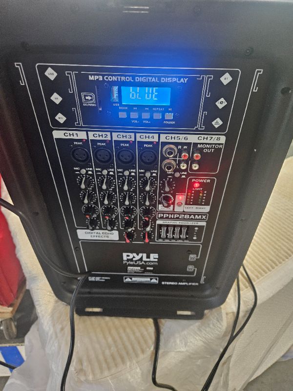 Photo 1 of ****electrical connector cable is missing***

Pyle PA Speaker DJ Mixer Bundle - 300 W Portable Wireless Bluetooth Sound System w/ USB SD XLR 1/4" RCA Inputs - Dual Speaker, Mixer, Microphone, Stand, Cable - Home/Outdoor Party - PPHP28AMX,Black