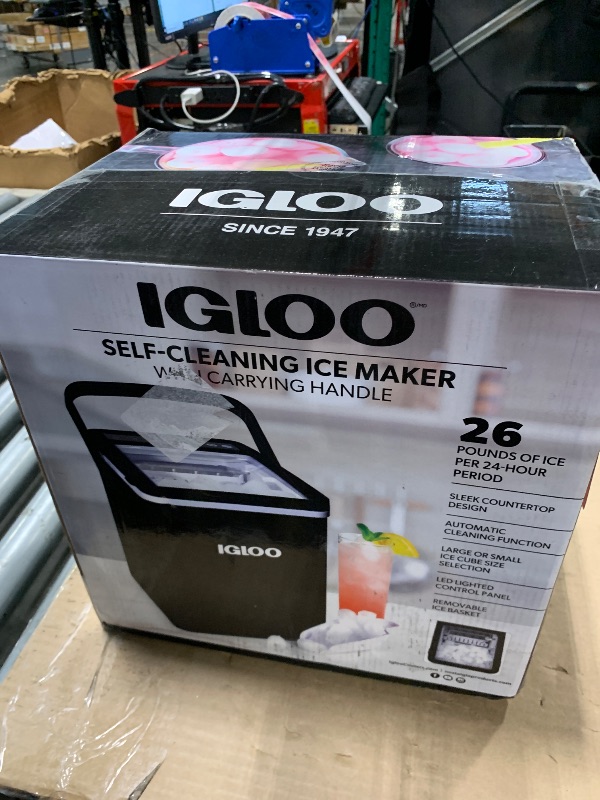 Photo 1 of Igloo Premium Self-Cleaning Countertop Ice Maker Machine, Handled Portable Ice Maker, Produces 26 lbs. in 24 hrs. with Ice Cubes Ready in 6-8 Minutes, Comes with Ice Scoop and Basket