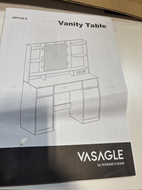 Photo 1 of *USED*
VASAGLE Kailyn Collection - Vanity Desk with Mirror and 9 LED Bulbs, Vanity Makeup Table with Power Outlets, Dressing Table with 2 Cabinets, for Bedroom, Cloud White URDT142WB01S