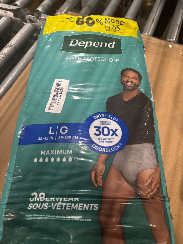 Photo 1 of Depend Fresh Protection Adult Diapers, Incontinence Underwear for Men, Disposable, Maximum, Large, Grey, 28 Count, Packaging May Vary