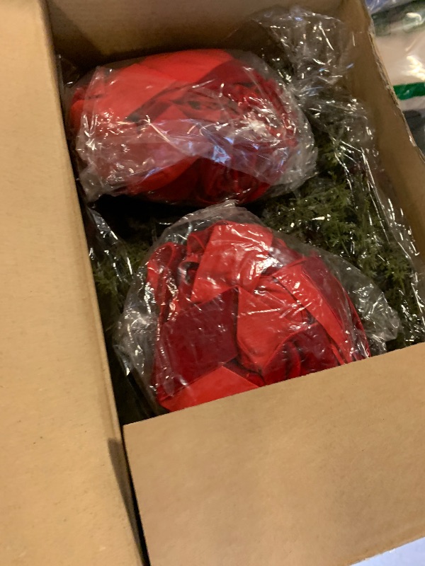 Photo 1 of 12 Pcs Small Christmas Norfolk Wreaths 15 Inch Christmas Kitchen Cabinet Mini Wreath Real Touch with Bow Ribbon Cedar Red Berry for Xmas Front Door Window Chair Fireplace Table Pillar Farmhouse Decor