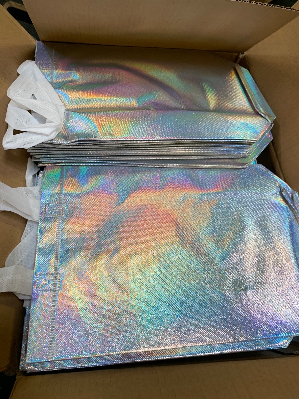 Photo 1 of 100 Pcs Iridescent Glossy Gift Bags Medium Size, 8x4x10 In Holographic Reusable Gift Bags with Handles & Sturdy Base, Ideal for Birthday, Wedding, Bachelorette, Party Favors, Holiday Goodie Bag