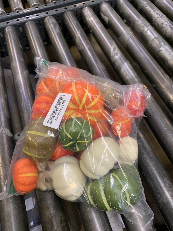 Photo 1 of 10Pcs Fake Pumpkins Fall Thanksgiving Decorations,Assorted Colors Plastic Pumpkins Home Decor, Artificial Mini Pumpkin for Decorating Autumn Harvest Outdoor Indoor Decor Centerpiece Table Decorations