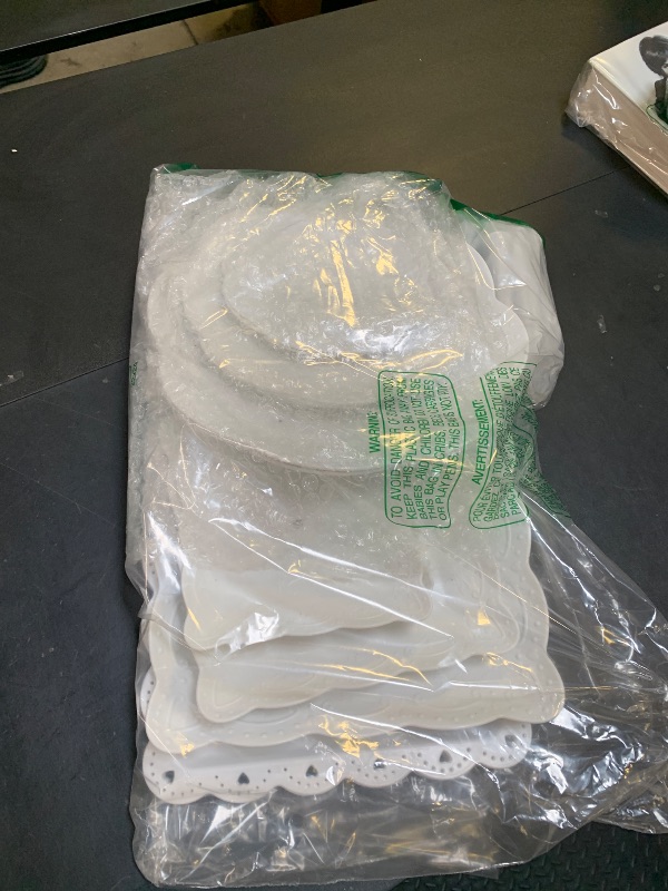 Photo 1 of 10 Pcs Cake Stand White Plastic Dessert Table Display Set 4 Pcs 3 Tired Cupcake Stand Cookie Tray Rack Serving Tray Cake Display Tower and 6 Pcs Dessert Trays for Wedding Baby Shower Tea Party (White)