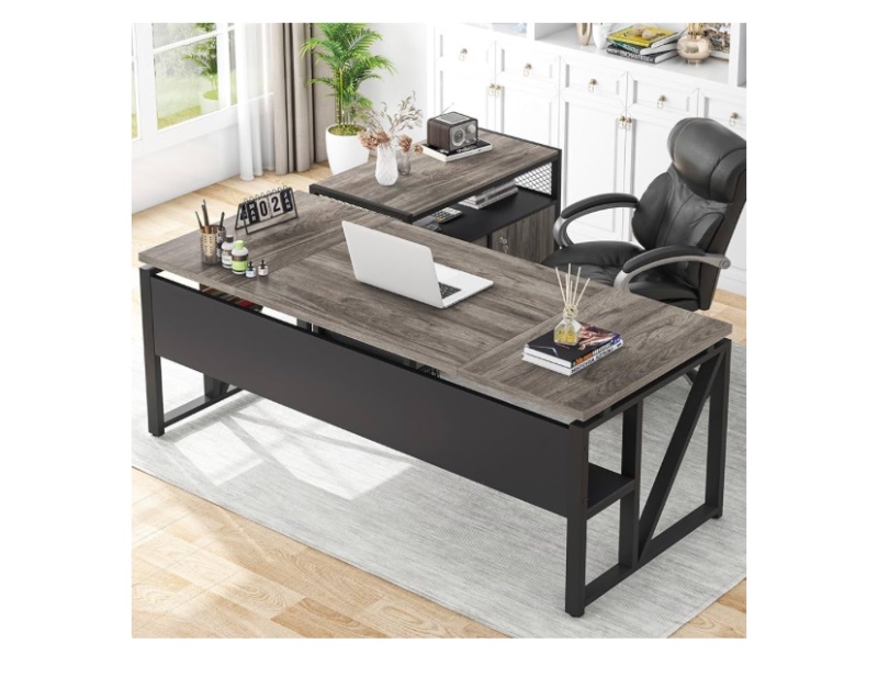 Photo 1 of Tribesigns L Shaped Desk with Drawer Cabinet, 63" Executive Computer Desk and lateral File Cabinet, 2 Piece Home Office Furniture with Drawers for Hanging File, Doors with Locks (Gray, 63 inches)