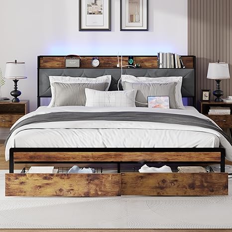 Photo 1 of King Size Metal Platform Bed Frame with 2 Storage Drawers, LED Light, Velvet Headboard with USB Port - Heavy Duty, Brown Wooden Panel, No Box Spring Needed - King Bed Frame with Storage 