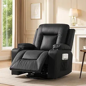 Photo 1 of COMHOMA Recliner Chair,PU Rocking Chair for Adults,Swivel Recliner with Cup Holders,Single Sofa Seat with Side Pockets for Living Room,Bedroom(Black)