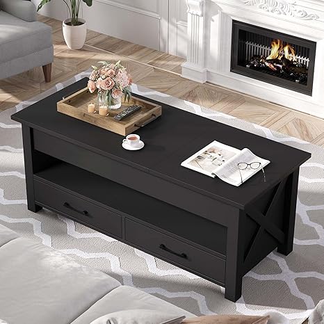 Photo 1 of Seventable Coffee Table, 39.3" Lift Top Coffee Table with 2 Storage Drawers and Hidden Compartment, X Wood Farmhouse Support, Retro Center Table with Lift Tabletop for Living Room,Black