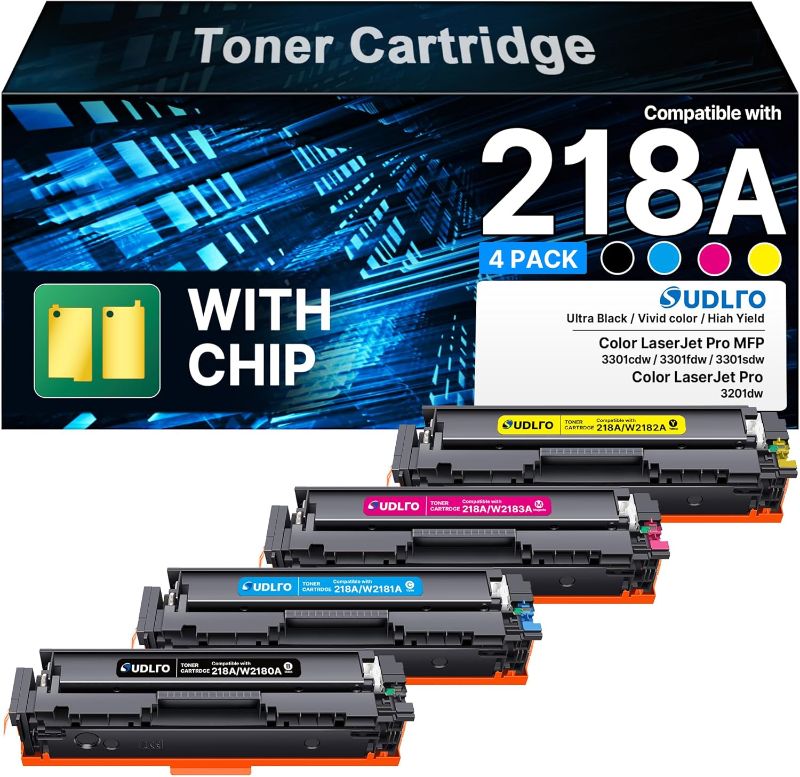 Photo 1 of Compatible HP 218A Toner Cartridges 4 Pack 3301fdw 3301 218 Toner Work for HP 218A 218X Color LaserJet Pro MFP 3301cdw 3201dw 3301sdw Printer Ink | for HP218A W2180A W2180X 218A Toner with Chip
