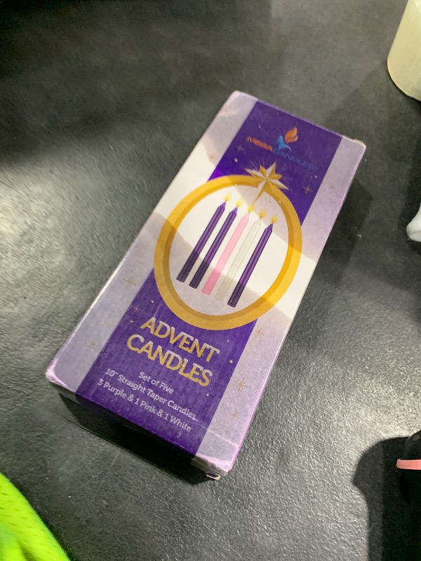 Photo 1 of **DAMAGED** Mega Candles 5 pcs Unscented Christmas Advent Candles Set, Hand Poured Premium Wax Straight Taper Candle 10 Inch x 7/8 Inch, Holidays, Festivities, Devotional, Church, Wreath, Party, Gifts