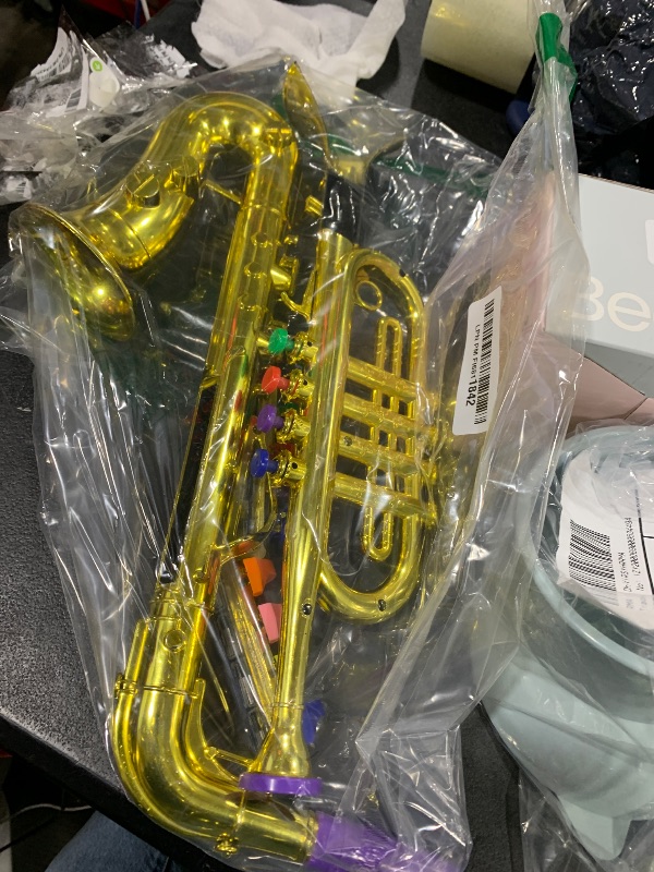 Photo 1 of Lewtemi Set of 2 Musical Instruments Include Toy Trumpet and Saxophone Set Plastic Trumpet Educational Christmas Toy Home School Music Gift, Color Keys(Gold)