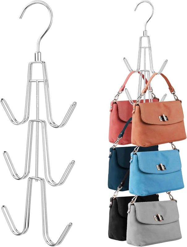 Photo 1 of  Purse Hanger Organizer for Closet, 2 Pack Hanging Bag Holder, Keeping Purses Visible and in Good Condition, Metal Handbag Storage Hook Backpack Rack Space Saving Hanger, Silver