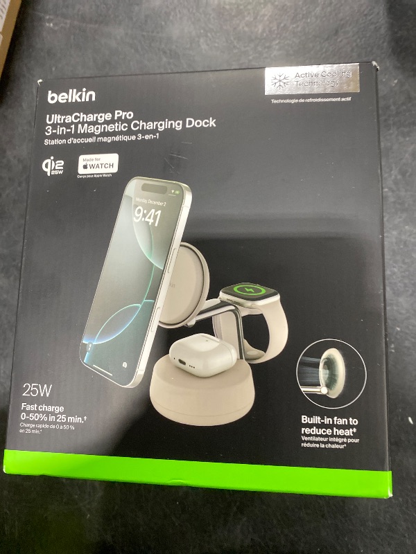 Photo 1 of Belkin MagSafe Charger Compatible, 3-in-1 Charging Station, Qi2.2 25W w/Cooling Fan (On/Off Control) Magnetic Wireless Charger for iPhone 17, Apple Watch, AirPods, Pixel 10 (45W Adapter Included)