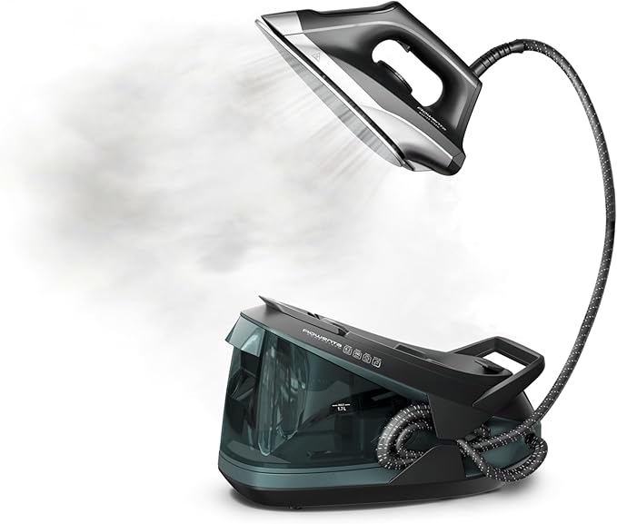 Photo 1 of Rowenta Iron Steamer for Clothes Master Steam Station, Professional Steam Iron for Clothes with Stainless Steel Soleplate, 57 Oz, 400 Microsteam Holes, Built-In Pump, 1750 Watts, Black/Green, VR8338
