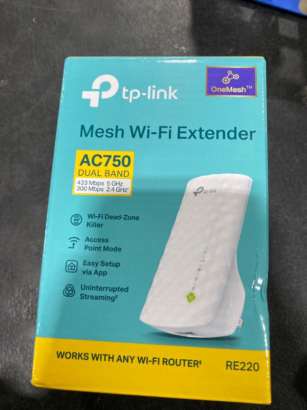 Photo 1 of TP-Link WiFi Extender with Ethernet Port, Dual Band 5GHz/2.4GHz, Up to 44% More Bandwidth Than Single Band, Covers Up to 1200 Sq.ft and 30 Devices, Signal Booster Amplifier Supports OneMesh(RE220)