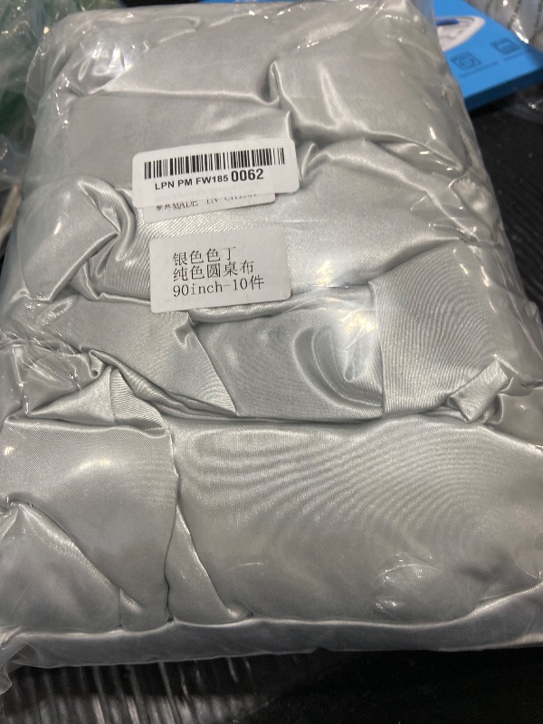 Photo 1 of KKJIAF 10 Pack Silver Satin Round Table Cloths 90 Inch, Overlay Round Table Cover, Silky Satin Dining Tablecloth for Wedding Buffet Parties Banquet Decoration