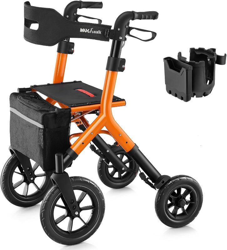 Photo 1 of Rollator Walker with Seat, Tall Walkers for Seniors, 12" Big Rubber Wheels All Terrain Rollator Walker with Backrest, Built-in Cable, Foldable and Dual Adjustable Height for 5.3-7ft, Orange