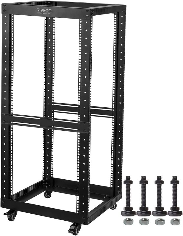 Photo 1 of RIVECO 25U Open Frame Server Rack with Wheels- Heavy Duty 4 Post Quick Assembly 19-inch Support 600 LBS Equipment Thick Cold Rolled Steel Cabinet Black