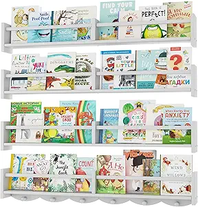 Photo 1 of 34Inch Nursery Bookshelves,Set of 4,Wall Floating Shelf Kids Coat Rack with 6Hooks,Hanging Book Shelf for Baby Nursery Room Décor ?Patent Number: 29958098(White, 34)