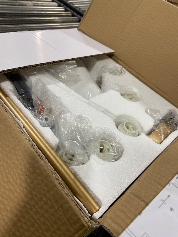 Photo 1 of Farmhouse Chandelier, Gold Modern Dining Room Light Fixture with White Fabric Shade, 5-Light Height Adjustable Industrial Pendant Island Light Fixture for Foyer Entryway Hallway Kitchen Bedroom