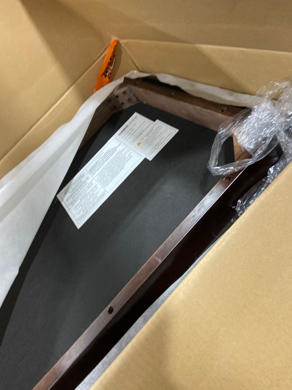 Photo 1 of SIMPLIHOME Owen Tray Top Small Coffee Table Storage Ottoman - 34 inch Wide Upholstered Vegan Leather Rectangular Flip-Top Ottoman in Distressed Chestnut Brown, Mid-Century Ottoman for Living Room