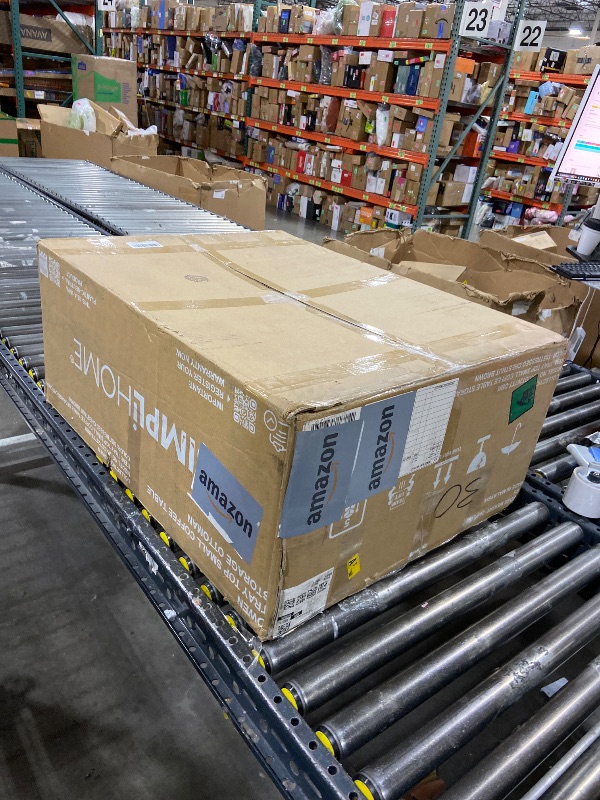 Photo 1 of SIMPLIHOME Owen Tray Top Small Coffee Table Storage Ottoman - 34 inch Wide Upholstered Vegan Leather Rectangular Flip-Top Ottoman in Distressed Chestnut Brown, Mid-Century Ottoman for Living Room