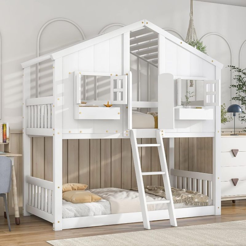 Photo 1 of Harper & Bright Designs Twin Over Twin House Bunk Bed with Window, Roof and Small Door, Solid Wood Floor Bunk Frame with Ladder & Guardrails for Kids Girls Boys, No Box Spring Needed, White