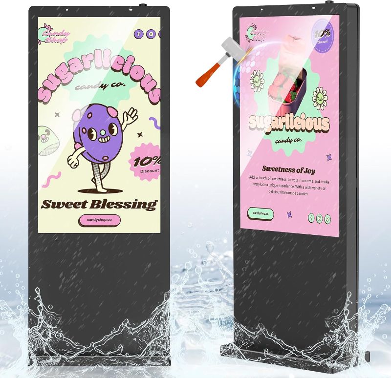 Photo 1 of Outdoor Digital Signage, Floor Standing Kiosk IP65 Waterproof Display with WiFi HDMI/USB Input, 3000nits High Brightness Commercial Totem for Retail Stores, Subway, Restaurants 55 Inch
