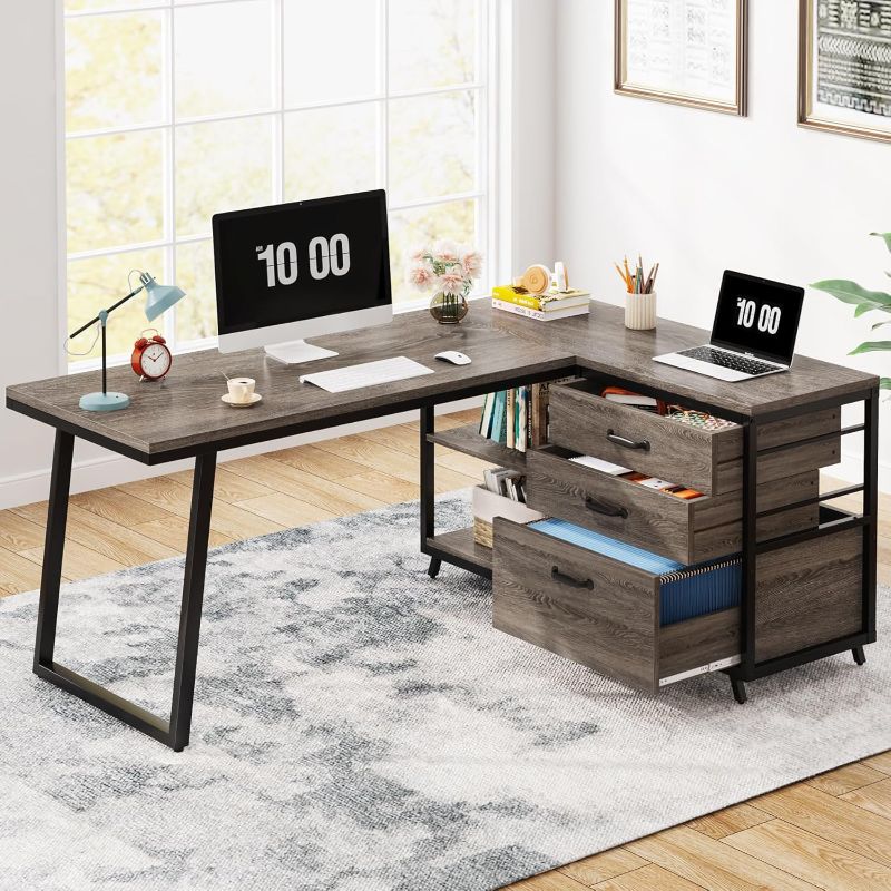 Photo 1 of Tribesigns L-Shaped Desk with 3 Drawers, Reversible Corner Home Office Computer Desk with Shelves, 53-Inch Industrial PC Desk Study Writing Table Workstation for Small Space, Grey

