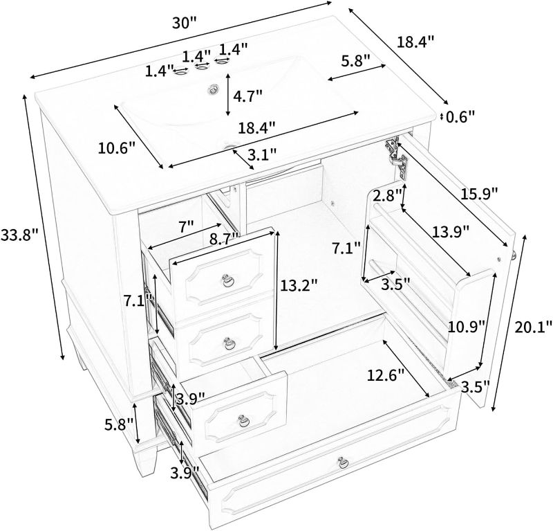 Photo 1 of DlandHome 30" Bathroom Vanity with Sink, Freestanding White Vanity Cabinet with Ceramic Basin, Solid Wood Frame, Soft-Close Door, 3 Drawers, Painted MDF & Rubber Wood, Storage Shelves Included,Green
