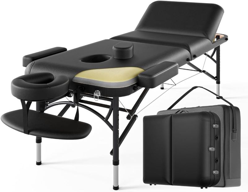 Photo 1 of Professional Massage Table Portable 3 Fold Premium Memory Foam Aluminium Leg Hold Up to 1100LBS 8 Heights Adjustable with Carrying Bag Black
