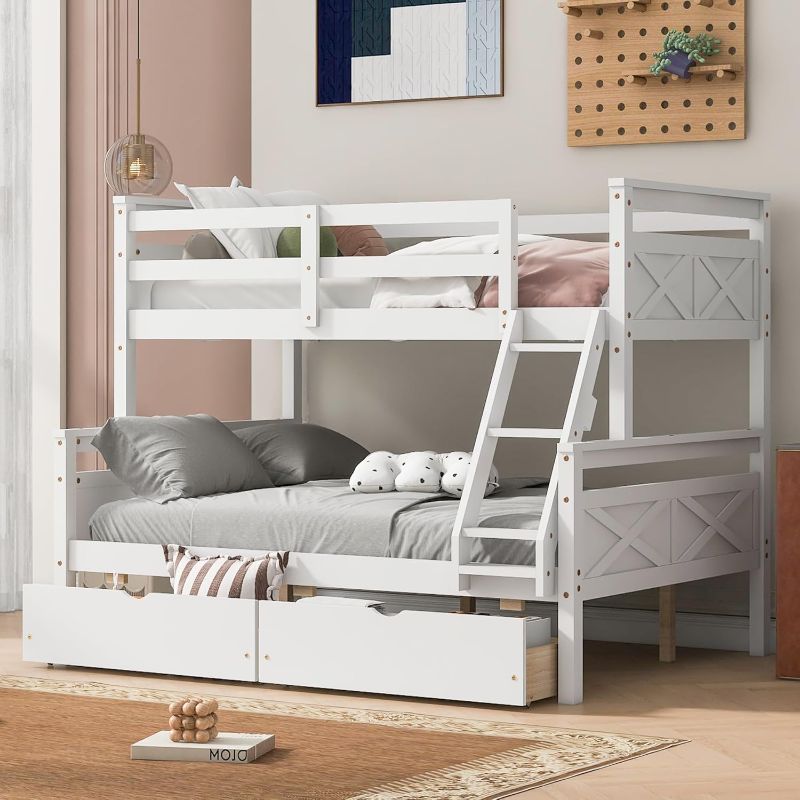 Photo 1 of Merax Twin Over Full Bunk Bed, Kids Bedroom White Wooden Bunk Bed Frame, Convertible to 2 Separated Beds with 2 Big Drawers, Ladder & Guardrail for Teens, Wood Slat Support, Easy Assembly, White