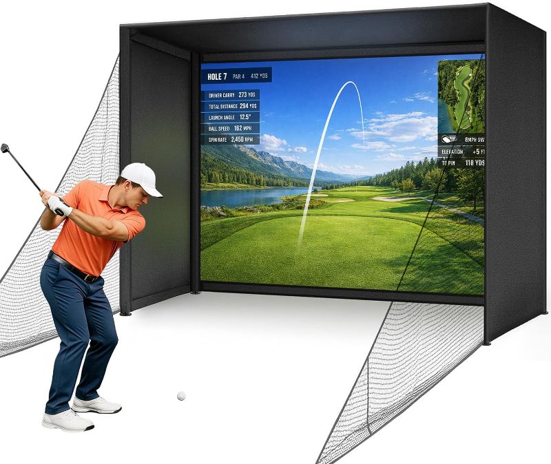 Photo 1 of Golf Simulator Enclosure 10 x 8 ft with Upgraded Dual-Layer Impact Screen, HD Projection Surface, Thick Foam Edge Padding, Safety Side Nets for Indoor Home Garage Golf Cage Practice Training