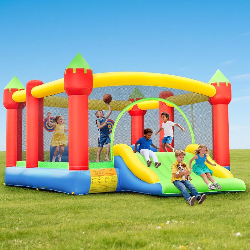 Photo 1 of Hapfan Inflatable Bounce House for Big Kids, 15ft x 12ft Large Outdoor Bouncy Castle with Wider Slide & Basketball Hoop, Great for Birthday Party, Blower Included, Holds 6 Kids 600lbs (Yellow)