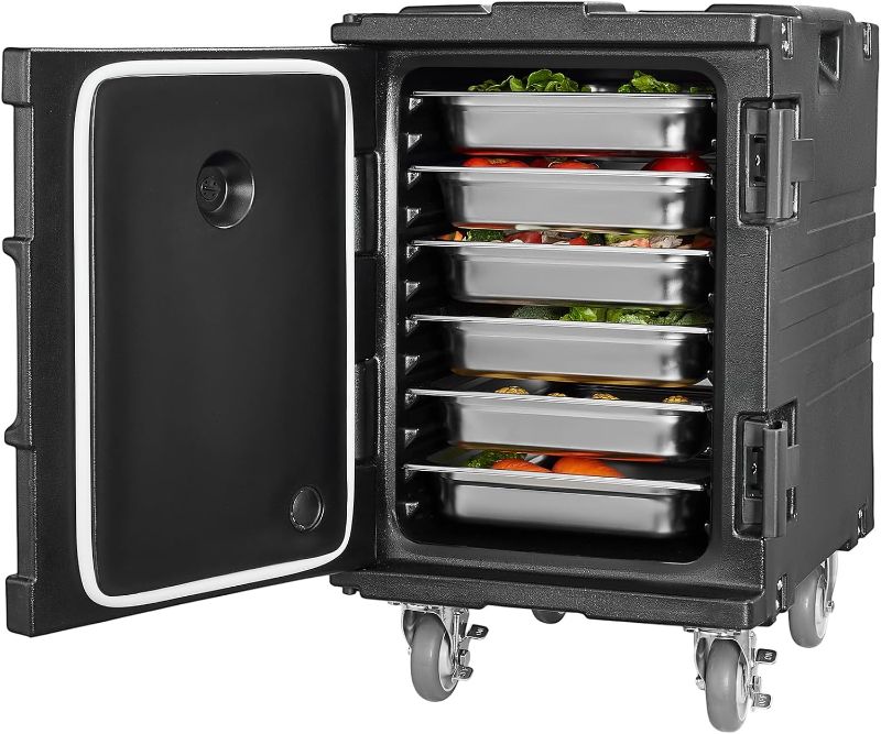 Photo 1 of VEVOR Insulated Food Pan Carrier, 95 Qt Hot Box for Catering, LLDPE Food Box Carrier w/One-Piece Buckle, Front Loading Food Warmer w/Handles, End Loader w/Wheels for Restaurant, Canteen, etc. Black