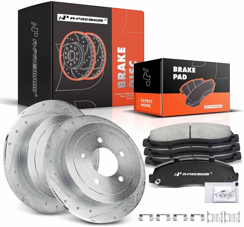 Photo 1 of A-Premium 13.15 inch(334 mm) Rear Drilled and Slotted Disc Brake Rotors + Ceramic Pads Kit Compatible with Select Ford and Lincoln Models - For F-150 00-03, Expedition 99-02, Navigator 1999-2002