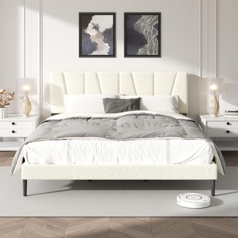 Photo 1 of King Size Bed Frame with Fabric Upholstered Headboard, Platform Bed with Wooden Slats Support, Fully Mattress Foundation, Box Spring Optional, Easy Assembly