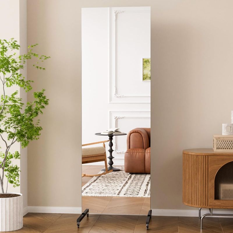 Photo 1 of brisafe 60" x 20" Full Length Rolling Floor Mirror on Lockable Wheels, Rectangular Shatter-Resistant Safety Glass, for Home Dance Studio & Yoga, Black Metal Frame and Stand