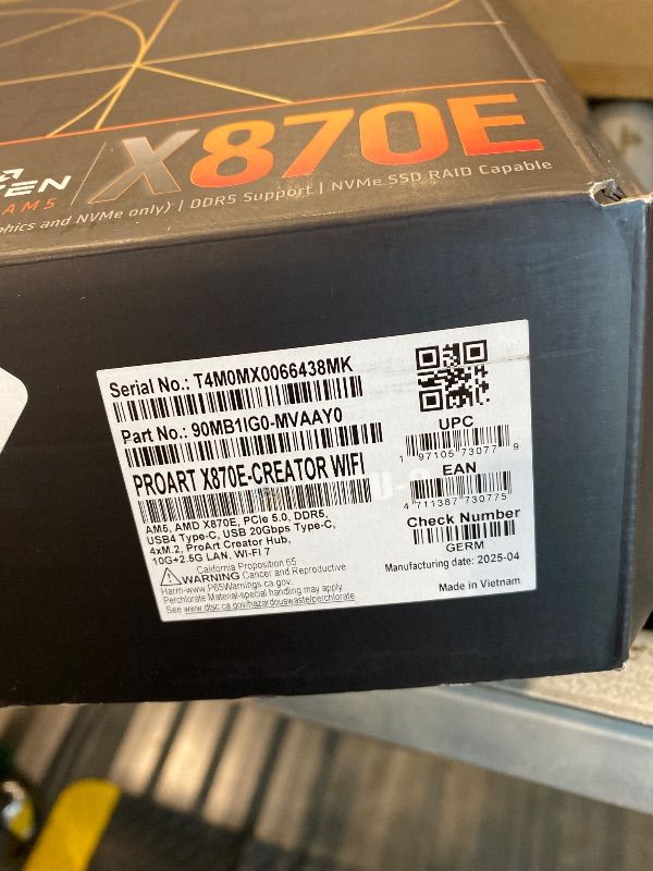Photo 1 of *UNTESTED*
ASUS ProArt X870E-CREATOR WiFi AMD AM5 X870E ATX Motherboard PCIe® 5.0 x16 Slots with Full Support for Next-gen GPUs, 16+2+2 Power Stages, DDR5, Dual USB4®, 10 Gb & 2.5 Gb LAN, WiFi 7, Four M.2 Slots