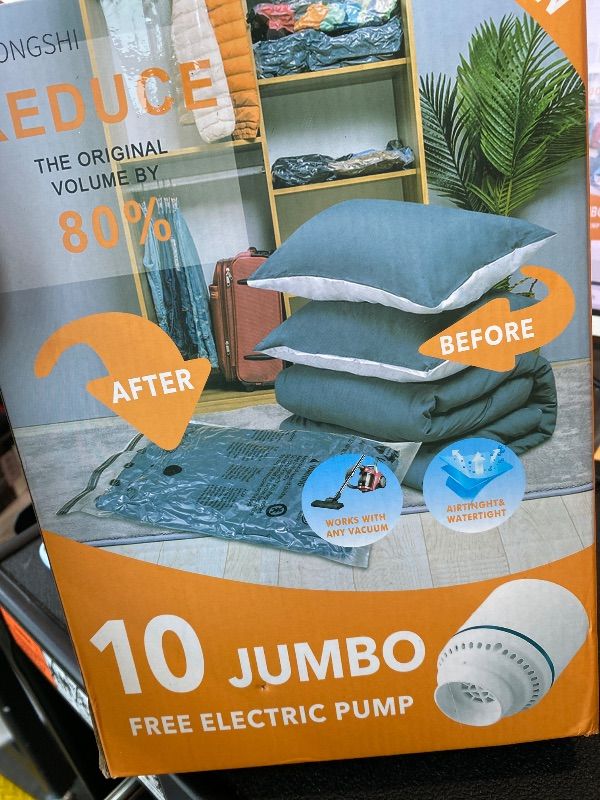 Photo 1 of *UNTESTED*
10 Jumbo Vacuum Storage Bags with Electric Pump, Space Saver Bag for Clothes, Mattress, Blanket, Duvets, Pillows, Comforters, Travel
