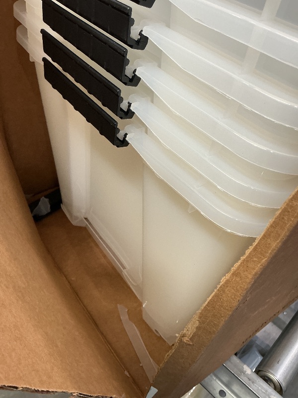 Photo 1 of **MAJOR DAMAGE**
IRIS USA 54 Qt Stackable Plastic Storage Bins with Lids, 6 Pack - BPA-Free, Made in USA - See-Through Organizing Solution, Latches, Durable Nestable Containers, Secure Pull Handle - Clear