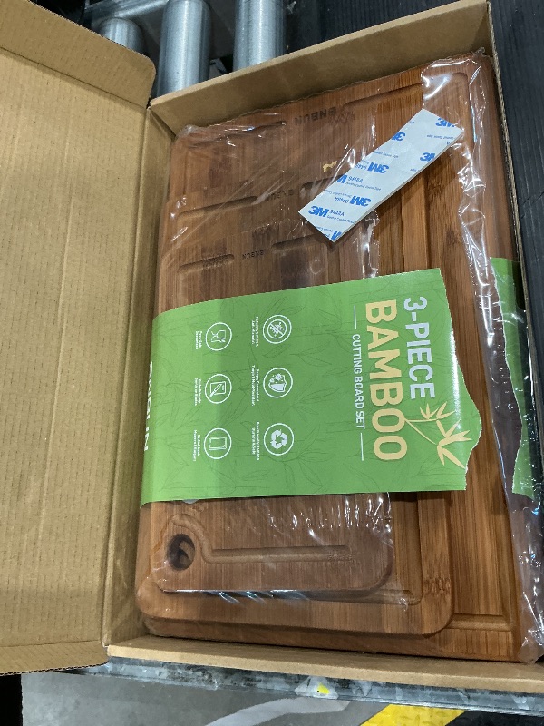 Photo 1 of *MINOR DAMAGE - USED*
Bamboo Cutting Board for Kitchen, 3-Piece Set with Juice Grooves, Side Handles & Non-Slip Mats – Durable Bamboo Chopping Board for Meat, Vegetables and Fruits