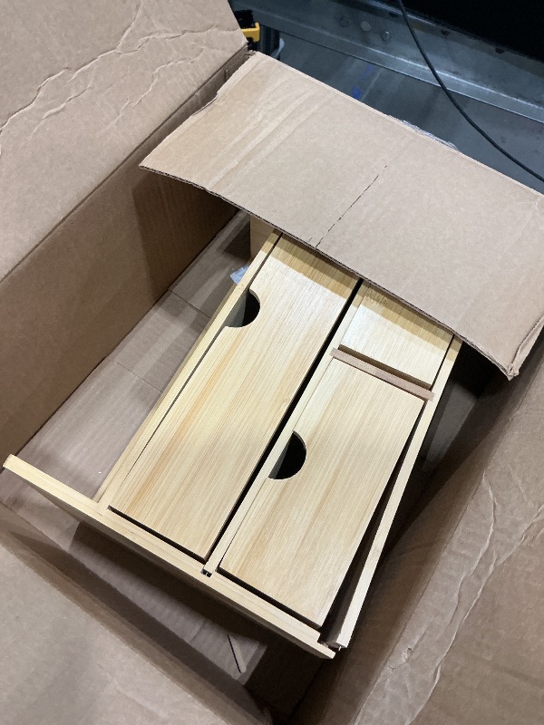Photo 1 of *****DAMAGE MINOR SEE THE PICTURE***** Sorbus Bamboo Desk Organizer - 3-Tier 100% Bamboo Desktop Organizers – Mini Bamboo Desk Drawer Tabletop Storage Box Countertop Organization 3 Drawers & Shelf - Office, Makeup Vanity, Fully Assembled